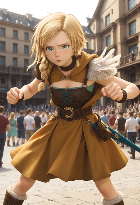 <lora:Hyper-SDXL-8steps-lora:1> <lora:Fixhands_anime_bdsqlsz_V1:1> zPDXL2, score_9, score_8_up, score_7_up, masterpiece, best quality, absurdres, high resolution, 8k, official art, official style, source_anime, uncensored, anime screencap, anime coloring, megami magazine, (ai-generated:0.6),
1girl, DQYS-bianca, blonde hair, short hair, braid, blue eyes, earrings, brown choker, armored dress, dress, skirt, armlet, boots,
clenched hands fighting stance, standing, Sleepy, Drooping eyelids, half-closed eyes, and a slightly dazed expression., outdoors, city, audience, crowd, solo, solo focus,
<lora:DQYS-bianca_XL(pony)v10:1>