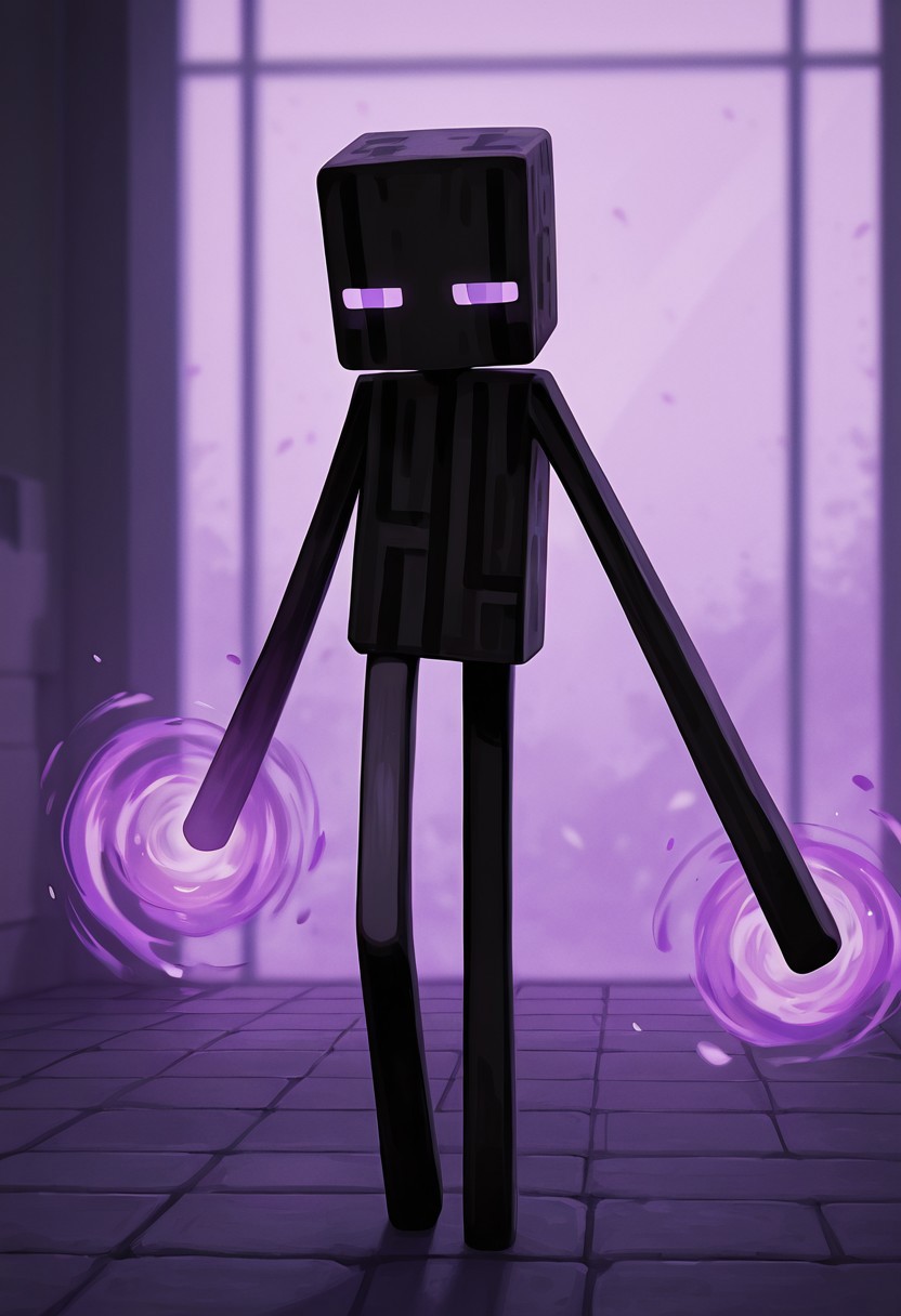 masterpiece, best quality, amazing quality, very aesthetic, absurdres, newest, , detailed background, 
 movie scene, cinematic scene, cinematic, foreground blur, depth of field, 
klskx
enderman, no humans, purple eyes, rectangle eyes, , solo, black skin, no mouth, square head, square body, black head , pokemon (creature), 
Mirror_Image,  || spinning dust, purple dust,