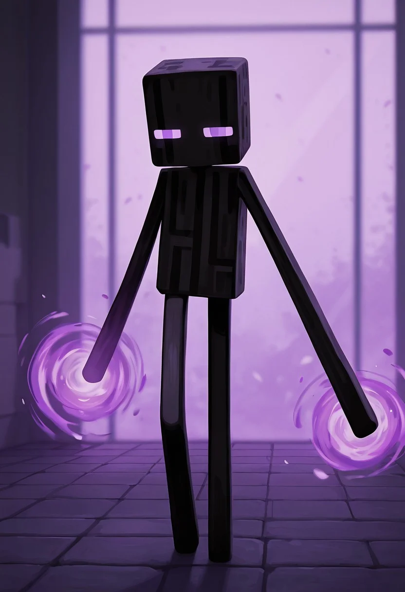 masterpiece, best quality, amazing quality, very aesthetic, absurdres, newest, , detailed background,
movie scene, cinematic scene, cinematic, foreground blur, depth of field,
klskx
enderman, no humans, purple eyes, rectangle eyes, , solo, black skin, no mouth, square head, square body, black head , pokemon (creature),
Mirror_Image, || spinning dust, purple dust,
