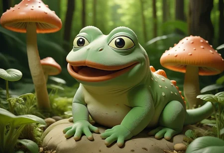 cinematic, sense of scale, 1 large stoned pepe_frog+chonkasaurus, psychedelic shroomroom, <lora:chonkasaurus-000003:1>