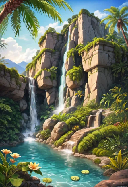 (masterpiece), realistic lighting,vivid color,ultra sharp,score_9, score_8_up, score_7_up, score_6_up, score_5_up, score_4_up,source_anime, realistic illustration, intricate details, hyperdetailed, extremely sharp,4k, (Kairunoburogu, by neocoill:0.5), Ink illustration,Ink illustration, a tree house, rustic, stilt house, on a beautiful tropical beach, surrounded by mountains, waterfalls, flagstone floor, wood, palm trees, streams, water lilies, natural pools, vibrant color palette, sunrise, hissing clouds