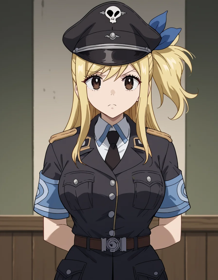 score_9, score_8_up, score_7_up, source_anime, lucyheartfilia, <lora:lucy-heartfilia-s7-ponyxl-lora-nochekaiser:1>, lucy heartfilia, blonde hair, brown eyes, long hair, one side up, ribbon, hair ribbon, blue ribbon, large breasts,, <lora:warden-ponyxl-lora-nochekaiser_r1:1>, skull hat ornament, uniform, military uniform, black uniform, hat, cap, black cap, armband, collared shirt, black necktie,, indoors, hands behind back,, cowboy shot,