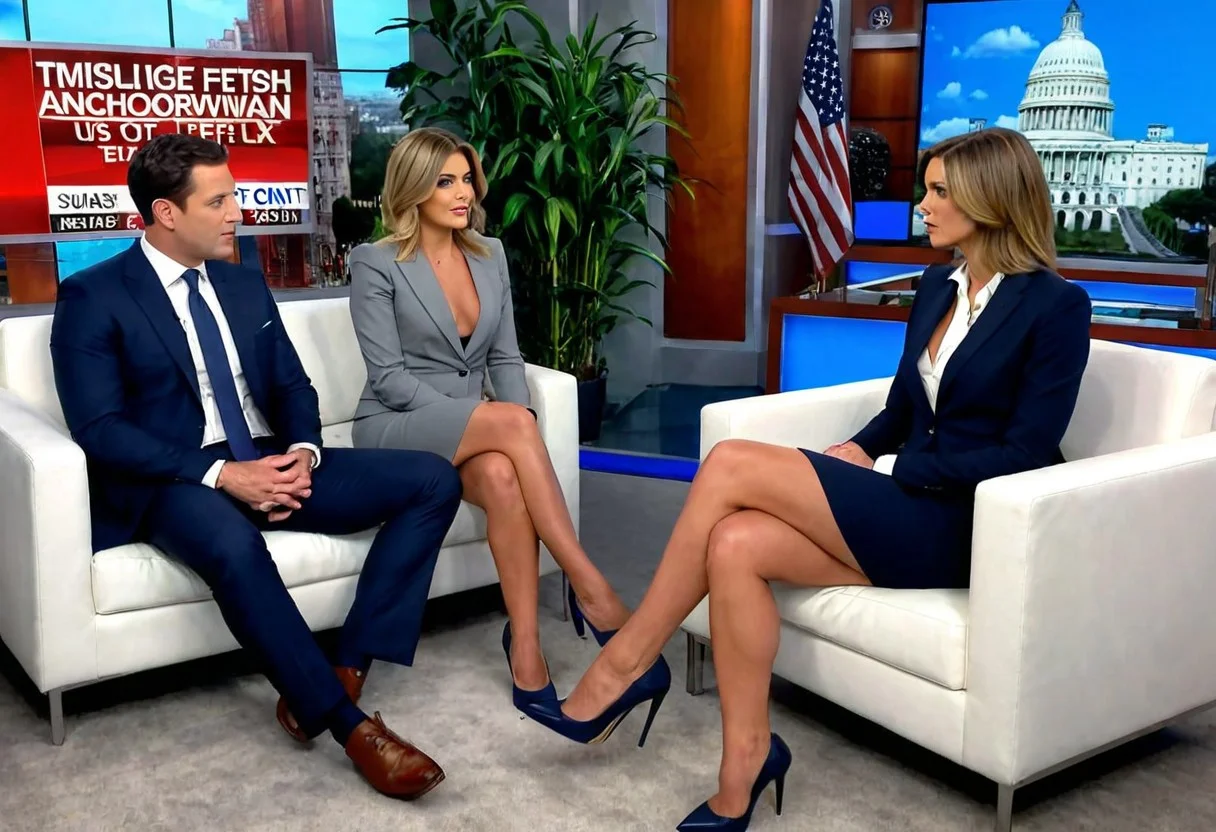 good-looking white american anchorwoman with heavy makeup in her late 20s with shoulder-length hair and medium saggy breasts presenting the news on tv with a suit without a bra with her nipples visible, nipples exposed, deep cleavage, saggy breasts, one breast out,   nip slip, deep blue eyes, OverallDetailXL, legs and feet, legs show, legs fetish, long and sexy legs, full body, all body, sitting, crossed legs, side view, she is interviewing with two politicians men,  2 politicians guests, men are wearing suits, (((men are looking her)))