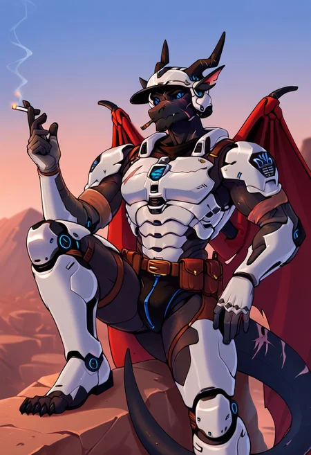 (masterpiece: 1.2), (detail: 1.1), (high resolution, best quality: 1.2), highly detailed background, Score_9, Score_8_up, Score_7_up, Score_6, Score_5, Score_4,
anthro dragon, male ,solo
male focus, athletic male, dark theme), low light, ((western dragon)) ((black body, scars)), ((blue eyes, black sclera), slit pupils),
modern soldier armor,
Individual soldier exoskeleton armor
armor, belt, gloves, mecha, robot, holding
He holds a cigarette in his fingers, a helmet in his hand, and a futuristic weapon lies at the dragon’s feet.
A broken tank on the battlefield,
anthropomorphic dragon, a soldier sits on a stone, smoking a cigarette, looking tiredly at the sky.