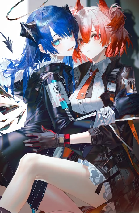 (artist:onineko:0.826446),artist:hito komoru,(artist:quasarcake:1.1),(artist:reoen:0.826446),artist:machi,(7769:1.21),luren max,arknights,fiammetta \(arknights\),mostima \(arknights\),2girls,black choker,black gloves,blue brooch,blue eyes,blue hair,choker,demon horns,demon tail,detached wings,earrings,gloves,hair between eyes,halo,head wings,horns,hug,jewelry,long hair,looking at viewer,multiple girls,open mouth,pointy ears,red eyes,red hair,tail,torn clothes,torn gloves,weibo watermark,wings,yuri,