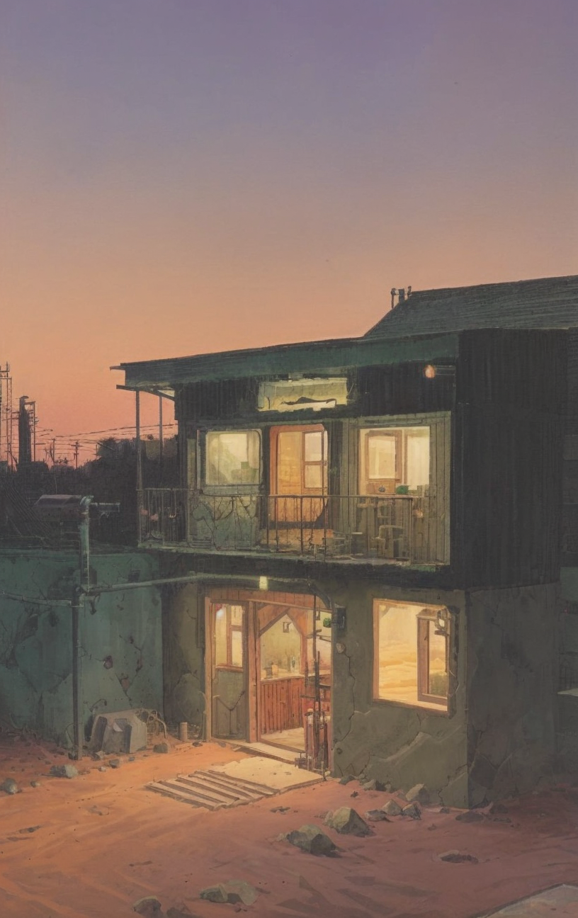 artwork <lora:Moebius:1>, outside, Wide Shot,,industrial city cottage in desert biome, dusk