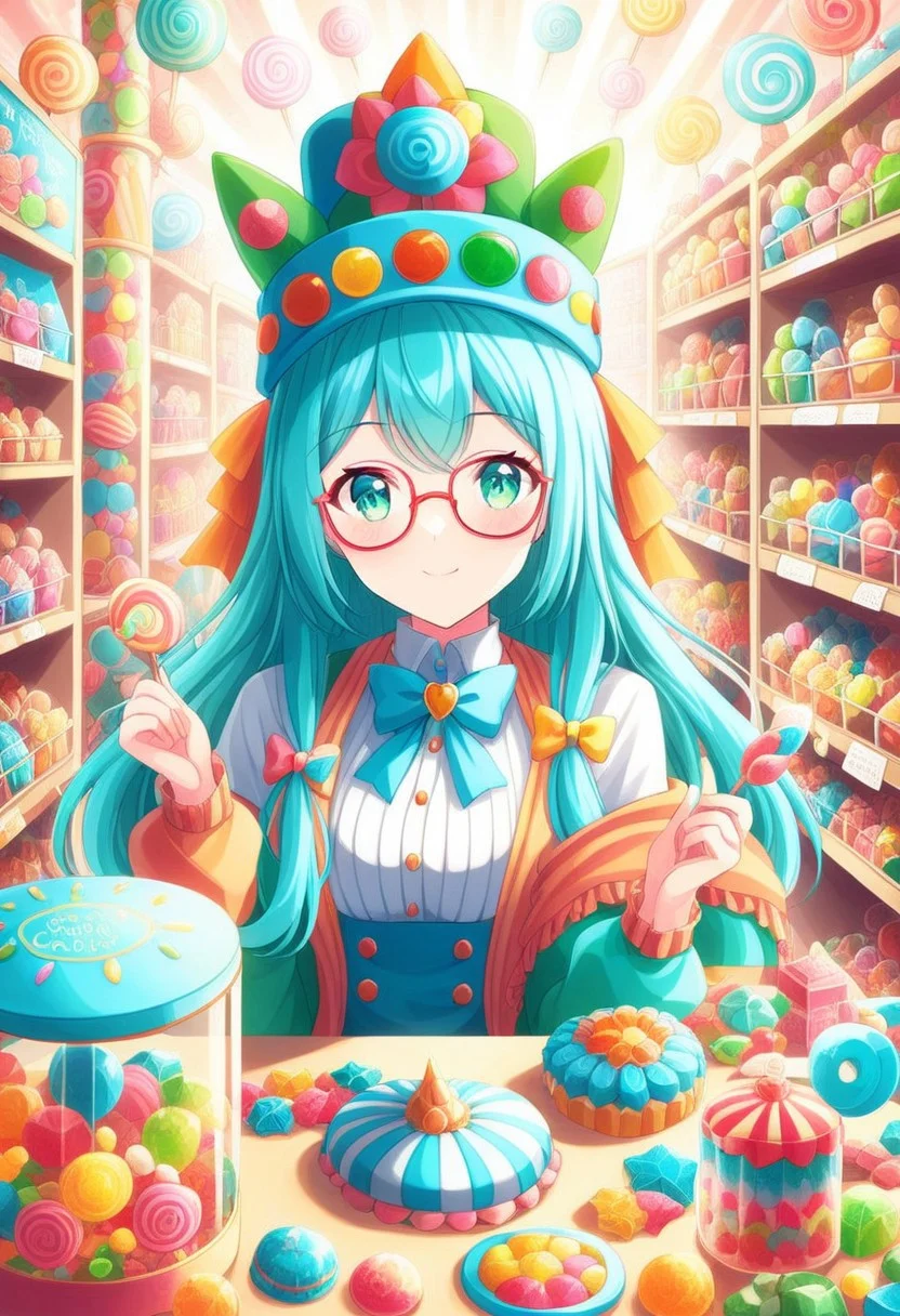 (girl is selling candy), 1girl, candy woman, wearing candy glasses, candy shop, candy hat, candy, <lora:aidmaCandyWorldMorph-MoreArtfull-v0.1:0.8>