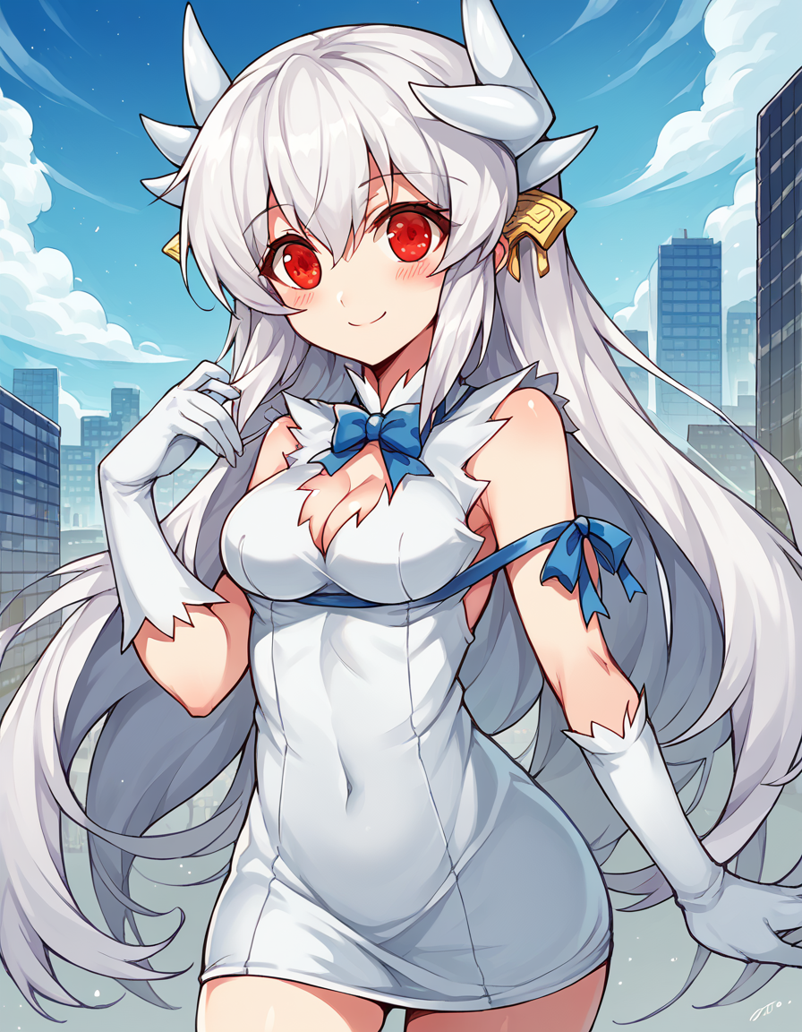 score_9, score_8_up, score_7_up, source_anime, <lora:fgo-kiyohime-ponyxl-lora-nochekaiser:1>, kiyohime, white hair, dragon girl, dragon horns, horns, long hair, red eyes, medium breasts,, <lora:hestia-cosplay-ponyxl-lora-nochekaiser:1>, hestiacosplay, hestia (danmachi) (cosplay), blue bow, blue bowtie, bow, bowtie, cleavage, cleavage cutout, clothing cutout, dress, gloves, pencil dress, rei no himo, short dress, white dress, white gloves, blue ribbon, arm ribbon,, outdoors, cityscape, street, smile, blush, , cowboy shot, dutch angle