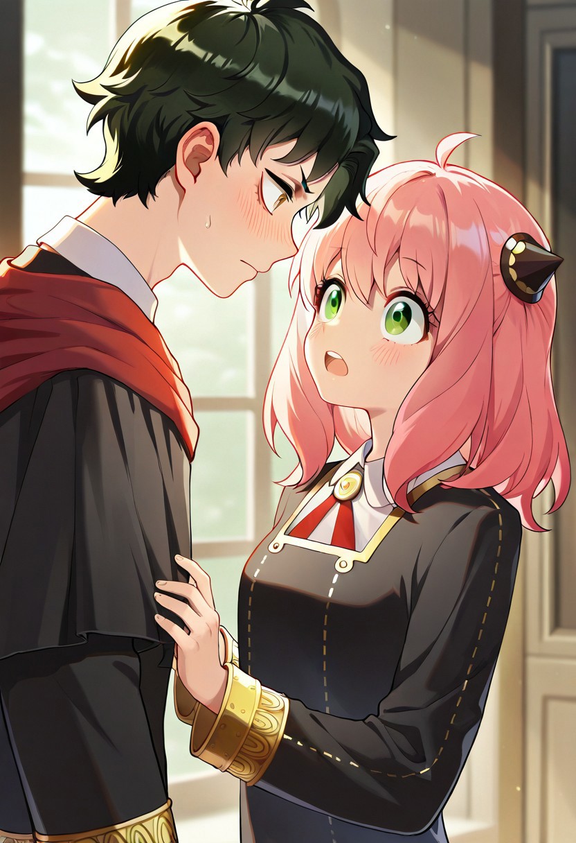masterpiece,best quality,amazing quality, damian desmond, anya forger, green eyes, pink hair, hairpods, short hair, black hair, brown eyes, 1girl, eden academy school uniform, school uniform, 1boy, aged up, blush, open mouth, long sleeves, gold trim, ahoge, medium hair, parted bangs, closed mouth