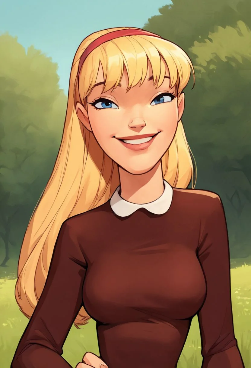 <lora:NatPony2.0:1> nat, thick lips, hairband, blonde hair, long hair, 1girl, solo, breasts, dress, smile, outdoors, looking at viewer, hand on own hip,long long sleeves,upper body, lips, score_9, score_8_up, score_7_up, score_6_up, score_5_up, score_4_up
