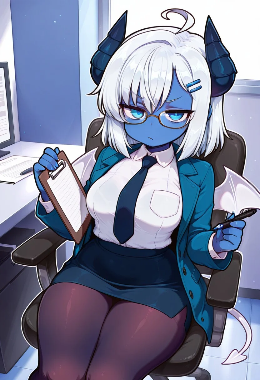 masterpiece, best quality, amazing quality, high detail, detailed face, detailed eyes, mnyastyle, 1girl ((darkla_cnr, demon girl, bored expression, slightly annoyed, demon horns, demon tail, white wings, demon wings, dark blue skin, white hair, medium hair, hairclip, ahoge, blue eyes, medium breasts, voluptuous, work outfit, office skirt, tie, white undershirt, coat, pantyhose, lowered glasses)), office, office chair, detailed background, solo, sitting in chair, holding clipboard, holding pen, tax forms, looking at viewer, tax collector, angled view
