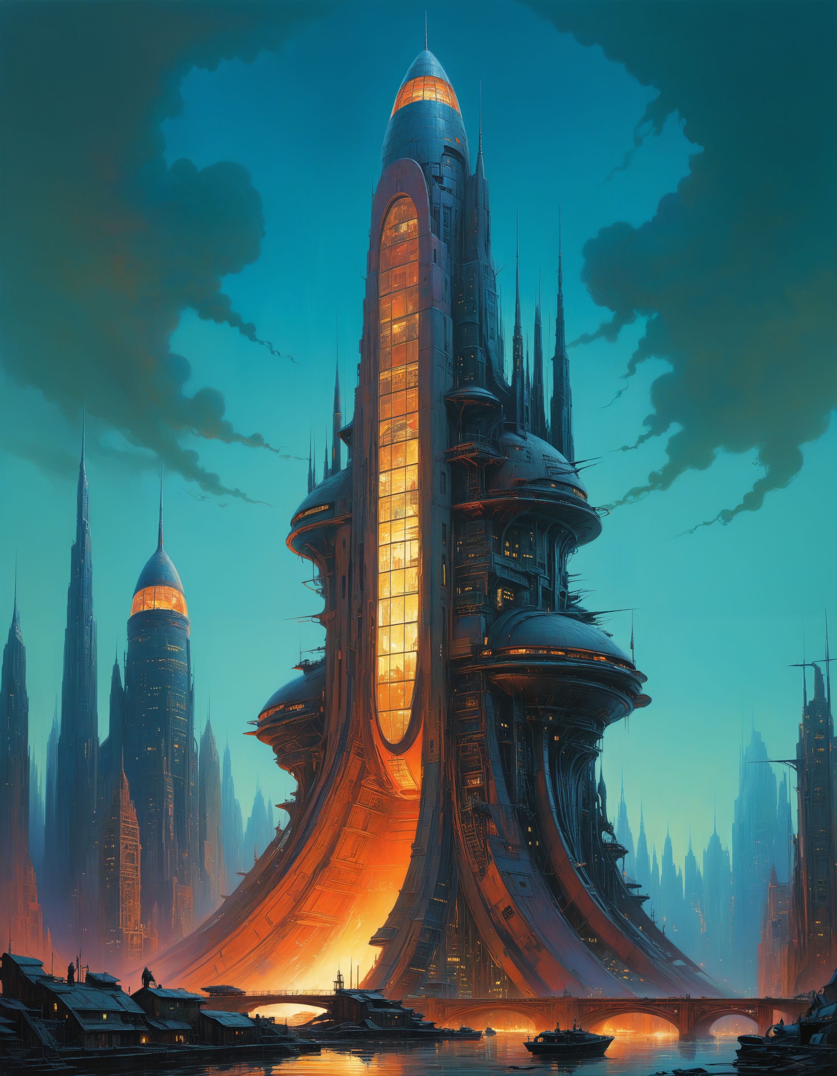 by Bruce Pennington, David Mould, by Shaun Tan, a complex science fiction skyscraper, in the (style of Pencil Sketch Drawing:1.6), limited dark color palette, unusual colors, highly dramatic lighting
<lora:xl_more_art-full_v1:0.5>