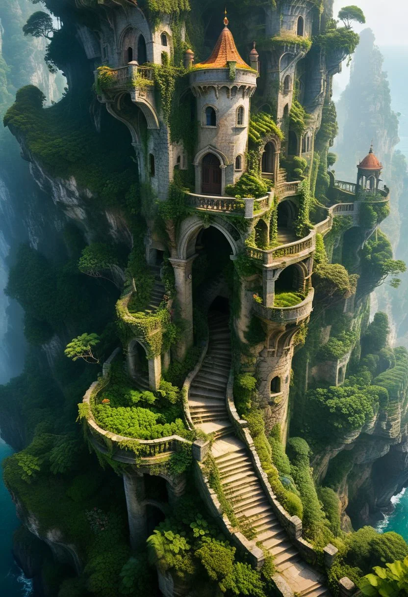 (Masterpiece),best quality,8k,hd,fantasy,a mages tower high upon a cliff,by the sea,cut stone stairs,thousands of snirkling stairs,jungle canopy,coastal,reefy,high altitude,abandoned gardens,overgrown,dense fog,mysterious,omnious,foreboding, was this place abandoned or is somebody still living here?, Architectural100