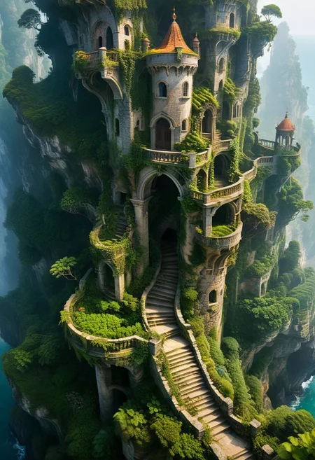 (Masterpiece),best quality,8k,hd,fantasy,a mages tower high upon a cliff,by the sea,cut stone stairs,thousands of snirkling stairs,jungle canopy,coastal,reefy,high altitude,abandoned gardens,overgrown,dense fog,mysterious,omnious,foreboding, was this place abandoned or is somebody still living here?, Architectural100