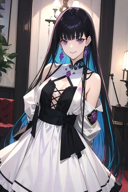 selena, black hair, multicolored hair, bangs, long hair, purple eyes, black dress, long sleeves, looking at viewer, 1girl, solo, masterpiece, best quality, leaning forward, smile, arms behind back,