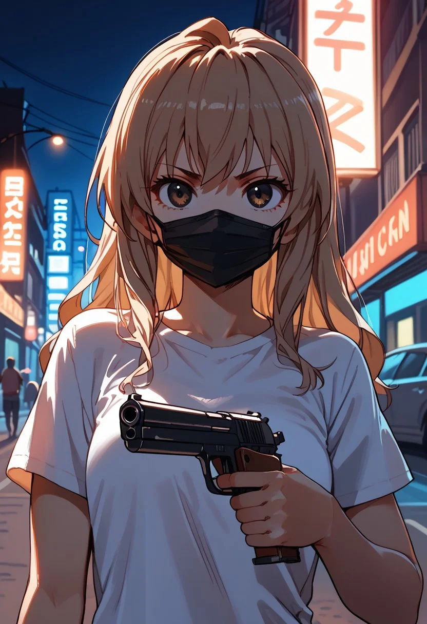 score_9, score_8_up, score_7_up, score_6_up, portrait, 1girl, Taiga Aisaka, cool girl, wearing sukajan, t-shirt, hot pants, standing confidently, looking at the camera, urban background, night, neon lights, gun, holding a pistol, black face mask, pointing at viewer, close view. shooting, bullet