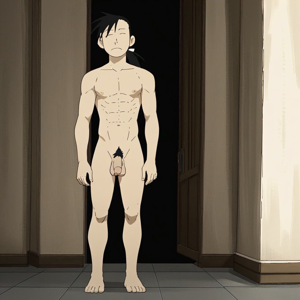 Ling Yao, 1boy, male focus, solo, black hair, closed eyes, ponytail, long hair, pubic hair, completely nude, abs, penis, balls, standing,  score_9, score_8_up, score_7_up, score_6_up <lora:vinceteaa_020_04v2-step00000400r:1> good face, good eyes, looking at viewer, full body, standing,