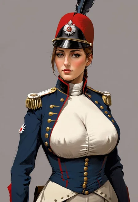 (Conceptual Art in jrst artstyle:1.2) about a female
Napoleonic French soldier, concept art; busty, large breasts, slender