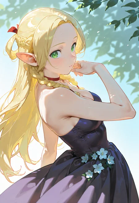 1girl, solo,marcille_donato, purple dress, strapless, flower,
