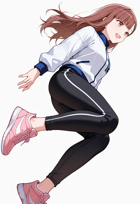 masterpiece,high quality details, absurdres,
 <lora:Nagisa_Satou:0.8>
nagisa_cnr, 1girl, brown hair, long hair, blunt bangs, asymmetrical bangs, brown eyes, 
sportswear, white shirt, white jacket, long sleeves, black pants, pink  sneakers,, simple background, white background, sideways,solo,, lonely,happy,