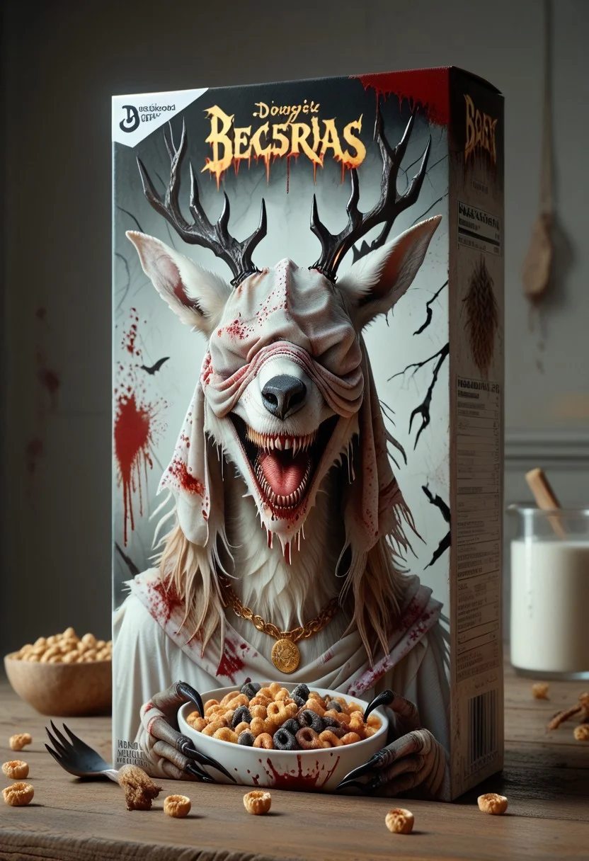 score_9, score_8_up, score_7_up, BREAK
c3r34lbox, food, 1girl, solo, bbvicamelia, white fur, sharp teeth, claws, paws, digitigrade, golden pendant necklace, bloody bandages