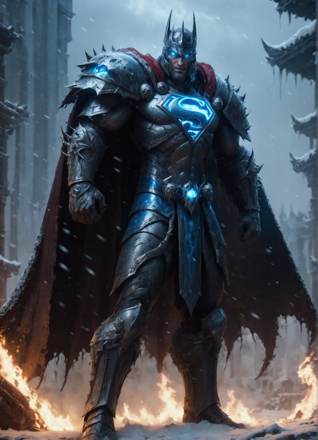 Style-GravityMagic, portrait, (bloody scars:0.7), looking at viewer, solo, (full body:0.6), detailed background, close up, ( superman theme:1.1), superhero, determined expression, dynamic pose, flying, hovering in air, sky, dark clouds, lightning, flames, battle scene, epic cinematic atmosphere,,The Shrine of the Lost(hyperdetailed photography:1.3),Epic,awardwinning,masterpiece,highly detailed body,dawn,blue glowing eyes,world of warcraft style,raytracing,octane render,sharp focus,35nm dof,bokeh,Trending on artstation,deathknight style,snowing,<lora:deathknightsyleXL_v1-step00000400:0.6>