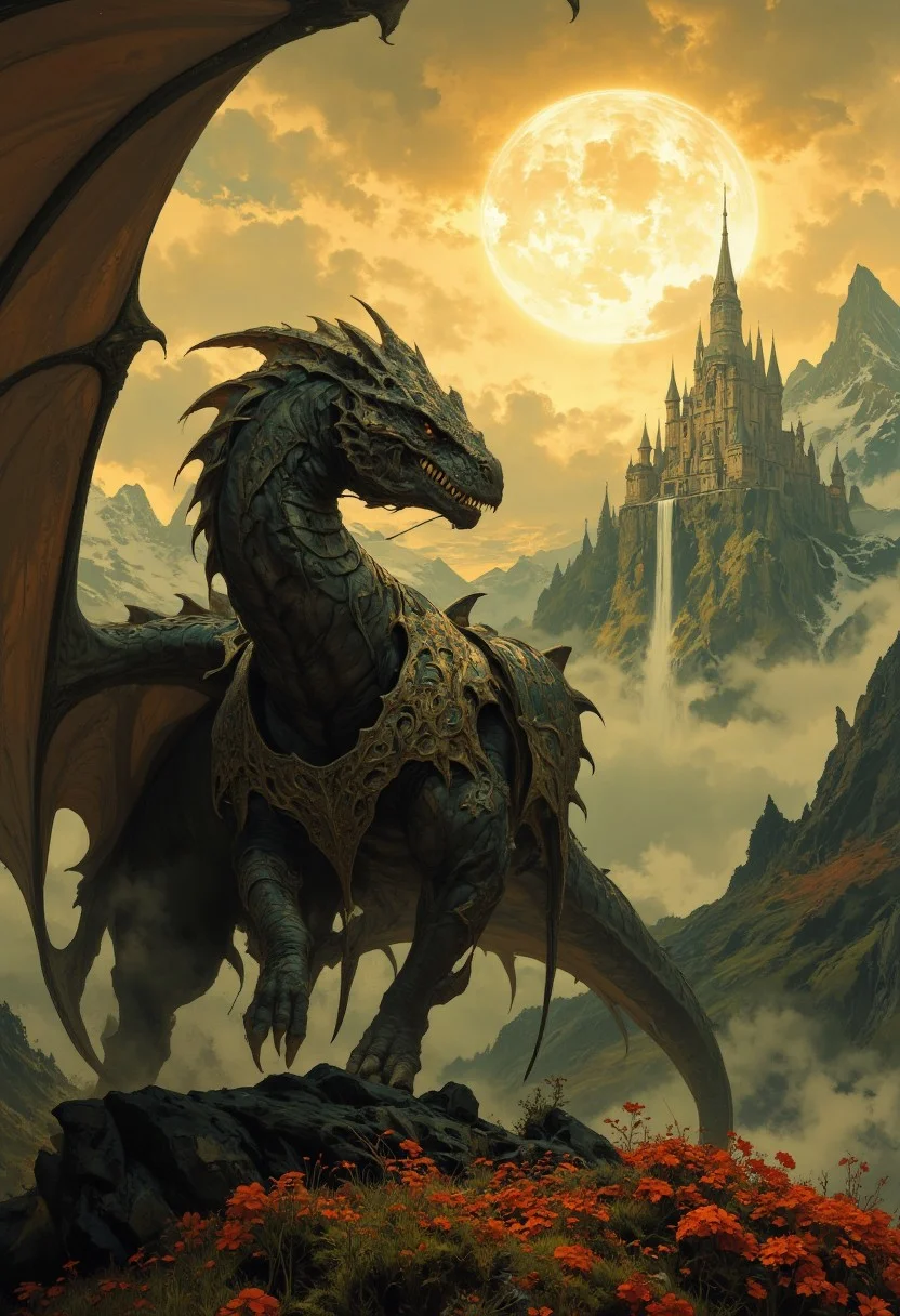 8k high quality digital painting , masterpiece, very detailed, ultra realistic, (best quality) very detailed epic masterpiece,
unearthly beautiful, a breathtakingly beautiful landscape in the French Alps, in the foreground a shiny knight riding on a black dinosaur-like dragon watches a beautiful castle in the distance, the low yellow-red sun casts long shadows, enchanting landscape, fairytale-like, calm mood, flowers in the foreground, realistic