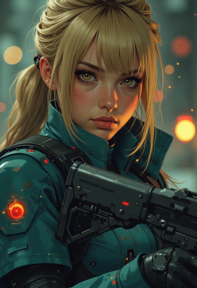 in the style of ck-mgs, nistyle, closeup portrait of stunning japanese woman, long blonde loose hair, bangs, teal power armour, holding assault rifle, bokeh