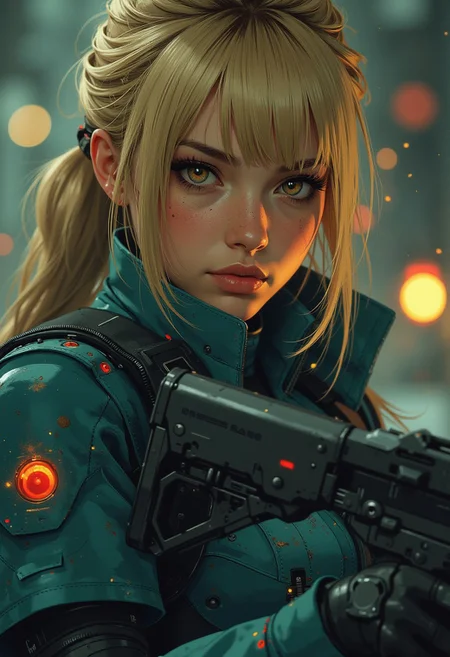 in the style of ck-mgs, nistyle, closeup portrait of stunning japanese woman, long blonde loose hair, bangs, teal power armour, holding assault rifle, bokeh
