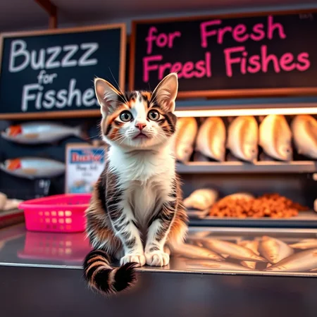 Calico Kitten sitting at counter of a fish store; demanding "Buzz" from customers; the store has a board written "Buzz for Fresh Fishes"
