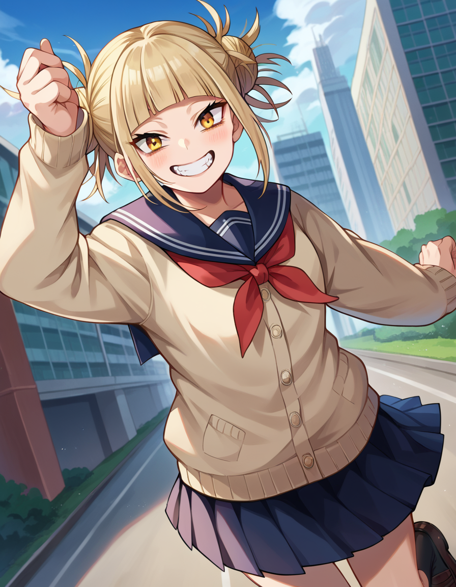 score_9, score_8_up, score_7_up, source_anime,
himikotoga, <lora:himiko-toga-ponyxl-lora-nochekaiser:1>,
himiko toga, bangs, blonde hair, yellow eyes, blunt bangs, hair bun, double bun, messy hair, smile, grin,
skirt, long sleeves, school uniform, pleated skirt, shoes, serafuku, socks, sailor collar, blue skirt, neckerchief, kneehighs, brown footwear, cardigan, black socks, loafers, red neckerchief, yellow cardigan,
outdoors, cityscape,
looking at viewer, cowboy shot, dutch angle, dynamic pose,