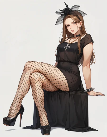 score_9,score_8_up,score_7_up,score_6_up,1girl,solo,simple background,jewelry,fishnet pantyhose,long hair,brown hair,spiked bracelet,goth fashion,bra,black nails,navel,see-through,watson cross necklace,black dress,looking at viewer,black lips,ring,black flower headwear,black high heels,black platform footwear,crossed legs, <lora:MyTrainings\Temp\Goth_Dress_Fishnets_Cross_XL_Pony_ARZUMATA.safetensors:0.9>