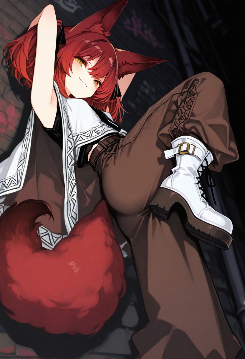 7481llu, masterpiece, best quality, good quality, very aesthetic, absurdres, newest, 8K, depth of field, focused subject, perfect eyes, solo, 1girl, fox girl, (red hair:1.6), two_side_up, hair_between_eyes, medium_hair, yellow_eyes, hair_ribbon, black_ribbon, fox ears,small_breasts, tsurime, sidelocks, (red_fluffy_tail:1.5), oversize tie, white Poncho cover shoulders, (cut-out long pants:1.2), white thigh-high stockings, black oversize tie, sleeveless, dark_brown_cut-out_symmetrical_long_pants, white platform boots, white Poncho,
looking down, arms up, one leg raised, looking at clothes, smiling, leaning back, leaning on wall, looking at viewer, smug, scenery, street, from below, graffiti, glowing, dark background, from side, foreshortening, zooming in, sensitive, hitomaru, (nikorashi-ka:0.5),(mikozin:0.4), (bison_cangshu:0.4),(kuzuvine:0.6), latest, masterpiece,best quality,newest,absurdres,highres,very aesthetic, very awa,