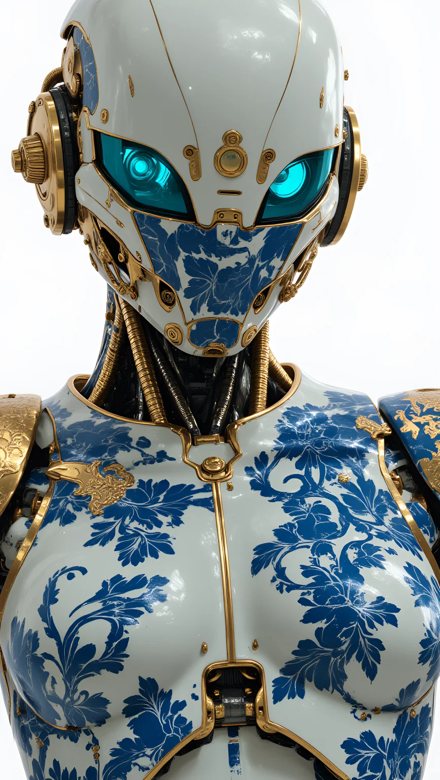 futuristic humanoid robot, depicted from the chest up. The robot's design fuses high-tech construction with classical artistry, featuring a smooth, porcelain-like exoskeleton adorned with intricate cobalt blue patterns. These swirling floral and cloud motifs, inspired by traditional Chinese ceramics, elegantly cover its torso and arms, giving the figure a timeless, refined aesthetic.
Gold accents frame the design—delicate trim along the edges of the armor and a finely detailed, filigree chest plate and shoulder pads that enhance its regal appearance. The robot’s head is a pristine, glazed white dome with a single, circular blue visor near the top, subtly glowing. Its helmet is sleek and minimalist, reflecting light like polished porcelain, evoking both advanced technology and ancient craftsmanship in perfect harmony. Neon blue lighting.