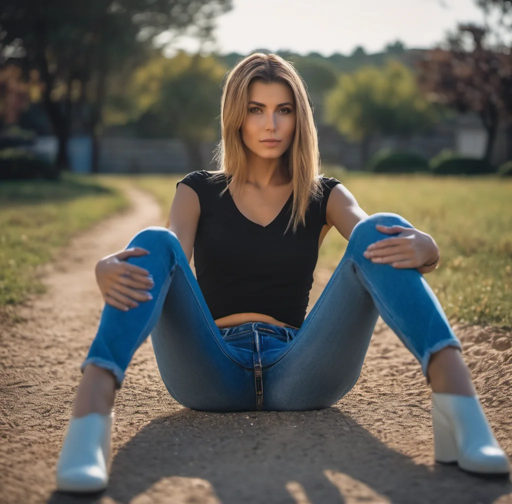 beautiful woman wearing jeans and a ((t-shirt)), sitting on the ground feet apart <lora:woman_feet_apart:1>, hi detail, sharp focus, perfect lighting, awesome, dslr, 4k high quality. extra detail, extra sharp, magical, perfect moment, natural skin, pores