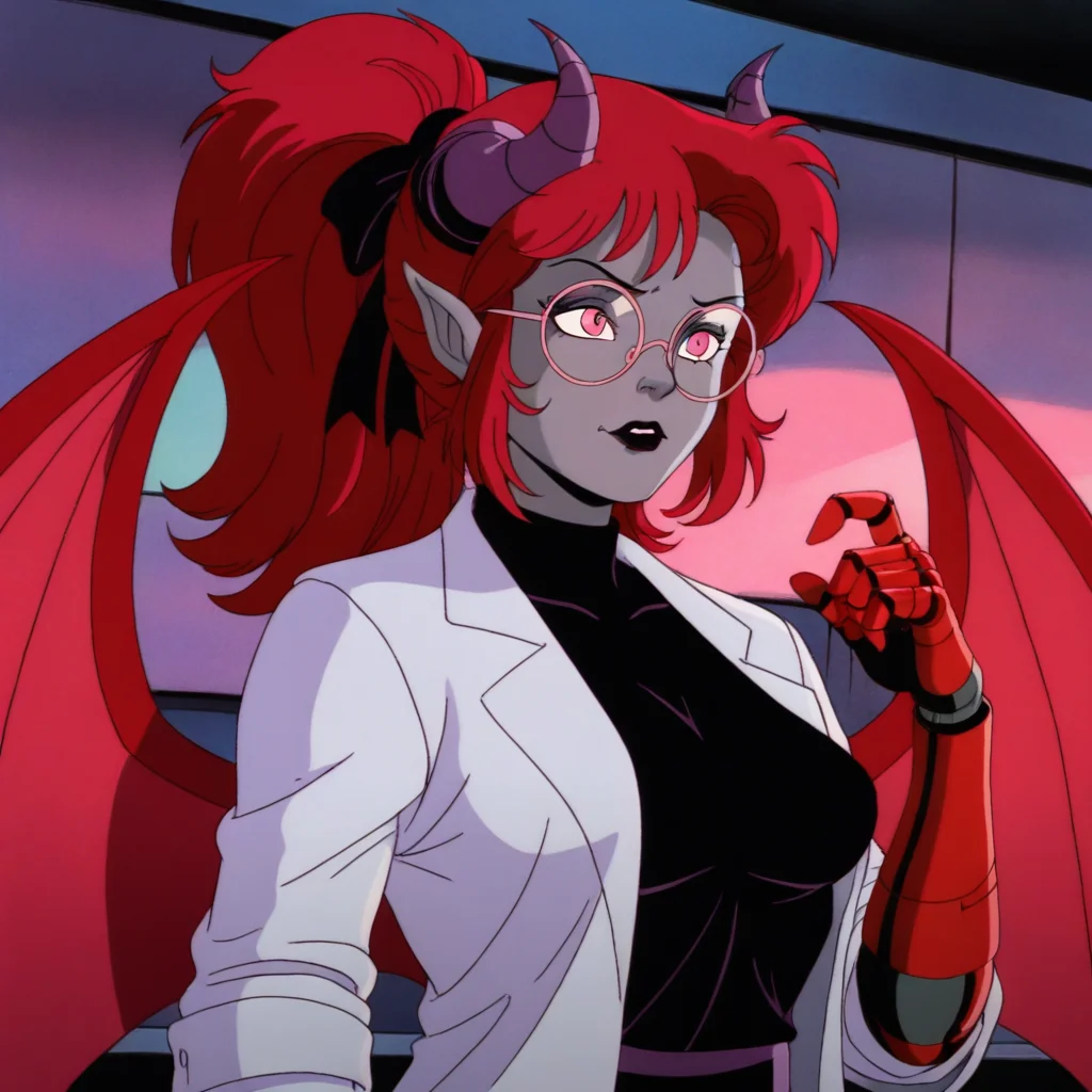 masterpiece, best quality, newest, absurdres, highres, X-1990STV1.0, retro artstyle, 1girl, succubus, grey skin, goth, goth girl, goth makeup, grey colored skin, red hair, demon girl, horns, wings, bat wings, demon wings, red wings, lab coat, coat, single mechanical arm, glasses, round glasses, ponytail, high taied ponytail, side bangs, pink eyes, prosthesis, prosthetic arm, medium breasts, pointy ears,