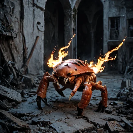 score_9, score_8_up, score_7_up, score_6_up, score_5_up, score_4_up, rating_safe,source_photo,realistic,cinematic,a giant enemy crab rampaging in the ruins of a burning city, <lora:Ponyrealv3:1>