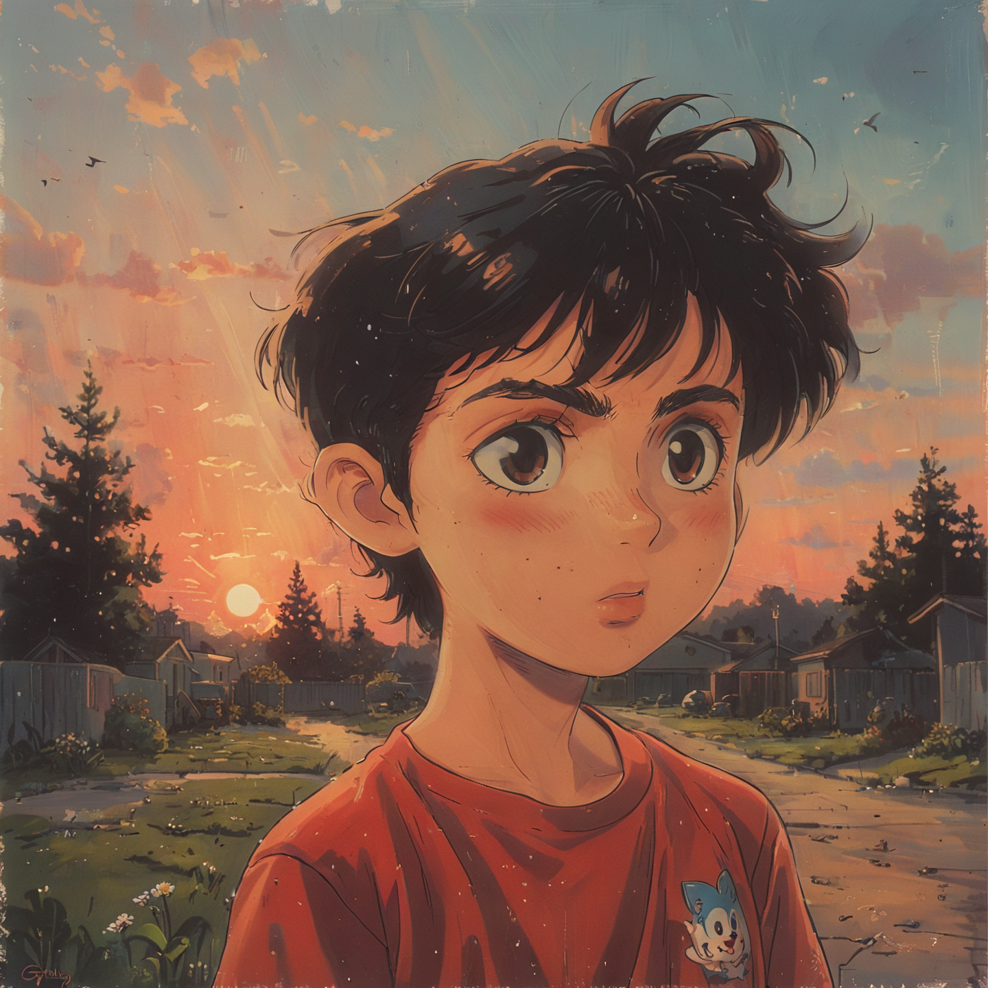 <lora:Vintage_Anime:1>, Portrait, Digital art, rendered in octane of a"The 22yo of Happiness", at Sunset, art by Gary Baseman