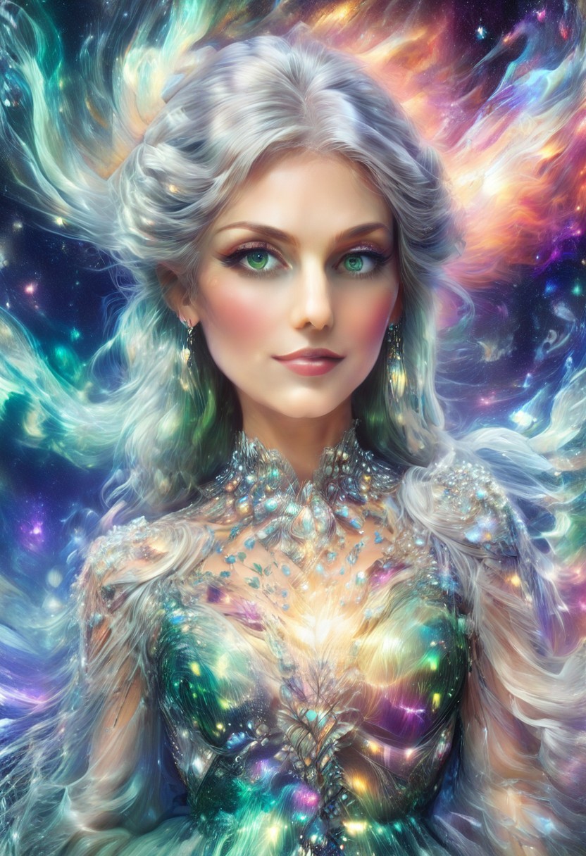 morph-aurora, (close up:2), head portrait, beautiful, score_9, score_8_up, score_7_up, score_6_up, score_5_up, score_4_up, UHD, 8K, masterpiece, detailed, ultra_high_resolution, lots of detail, OverallDetailXL, detailxl, Sci-fi Environments, epiCPhotoGasm-colorfulPhoto, 1girl, green eyes, glittering green dress, necklace, flowing long green hair, jewelry, 34 years old, hands behind the head, high cheekbones, oval face, Timm_Style_XL, artist style, Bruce Timm, red lips, gentle smile, big eyes, crystal, gem,sparkle,  She has a warm motherly charm, a wholesome sexiness,  gold and silver accents befitting a Queen, high neck closure, fully dressed, puffy sleeves.