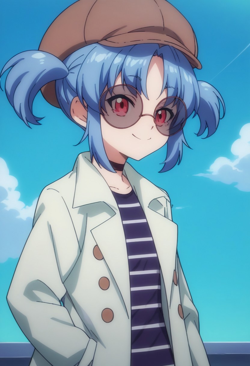 score_9, score_8_up, score_7_up, source_anime, highly detailed, 
1girl, solo, blue hair, hat, brown headwear, smile, abcoat, twintails, sunglasses, striped, short hair, red eyes, glasses, short twintails, round eyewear, tinted eyewear, upper body,
indoor,