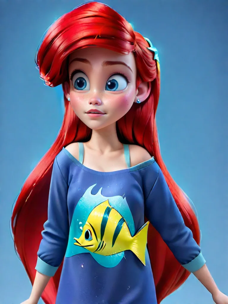 casual outfit, ariel, A character with long red hair and blue eyes, wearing a blue dress with a yellow fish design, long hair, looking at viewer, upper body, parted lips, freckles,
<lora:princess_rc_il:0.9>