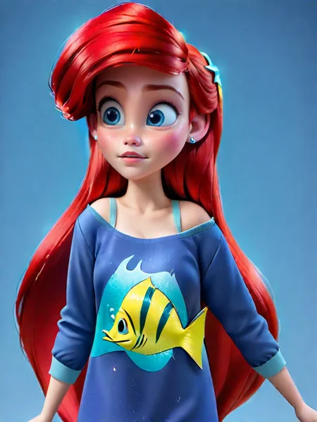 casual outfit, ariel, A character with long red hair and blue eyes, wearing a blue dress with a yellow fish design, long hair, looking at viewer, upper body, parted lips, freckles,   
<lora:princess_rc_il:0.9>