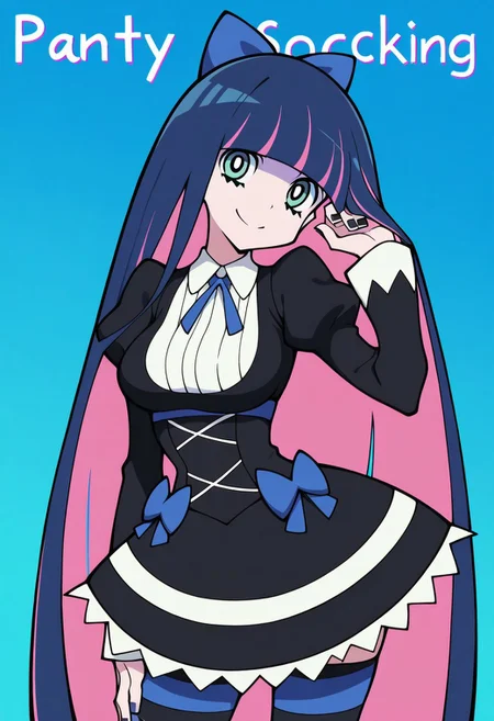 masterpiece,best quality,panty & stocking with garterbelt , anime screenshot, stocking (psg), big breasts, sexy,
patStocking, stocking anarchy,
rioco, stocking (psg), panty & stocking with garterbelt, commentary, 1girl, adjusting hair, black dress, black nails, blue background, blue bow, blue hair, blue ribbon, blunt bangs, bow, breasts, character name, closed mouth, colored inner hair, cowboy shot, dress, frilled dress, frills, gothic , green eyes, hair bow, hand up, head tilt, juliet sleeves, fashion, long hair, long sleeves, looking at viewer, looking up, medium breasts, multicolored hair, nail polish, neck ribbon, pantyhose, pink hair, puffy sleeves, ribbon, smile, solo, standing, streaked hair, striped clothes, striped thighhighs, thighhighs, two-tone hair, very long hair