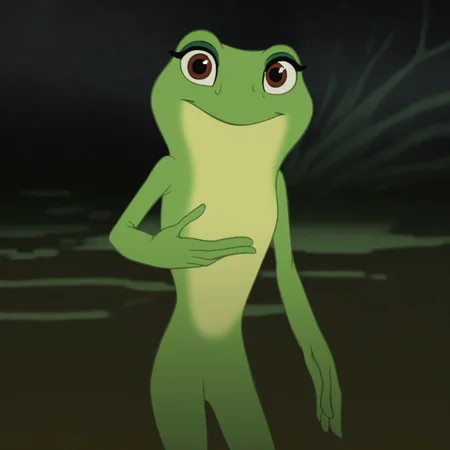 Tiana (Frog), solo, 1girl, female, frog, standing, brown eyes, eyeliners, looking at viewer, smiling, swamp background,