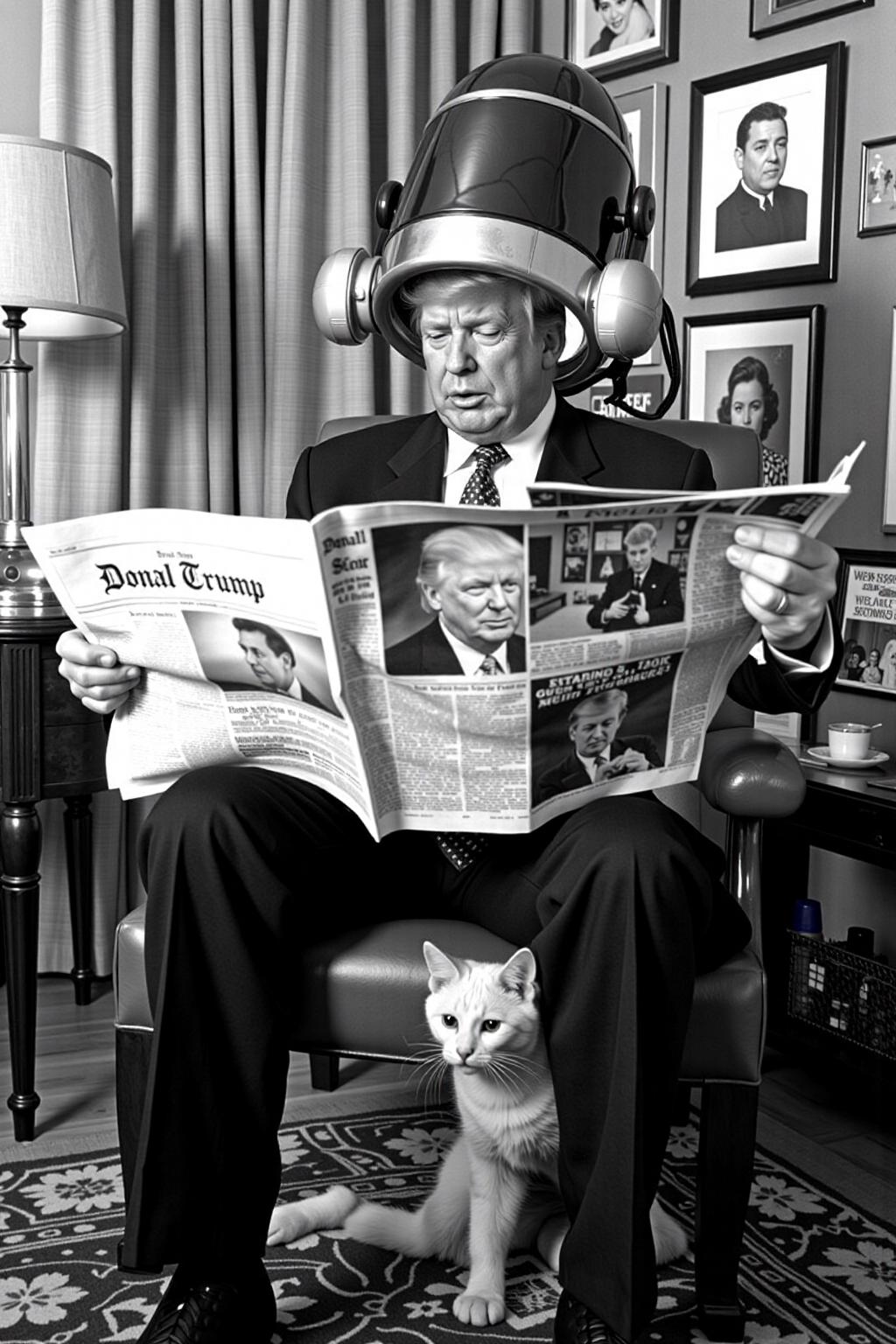a black and white monochromatic photograph of Donal Trump sitting on a chair reading newspaper.  He is wearing a large vintage hair dryer over his head.  There is a a white cat sitting on his lap. <lora:vintage_hair_dryer_v1:1.0> <lora:Flux-Sch-SingleBlocks-BF16:1.0><lora:803900857415420523:0>