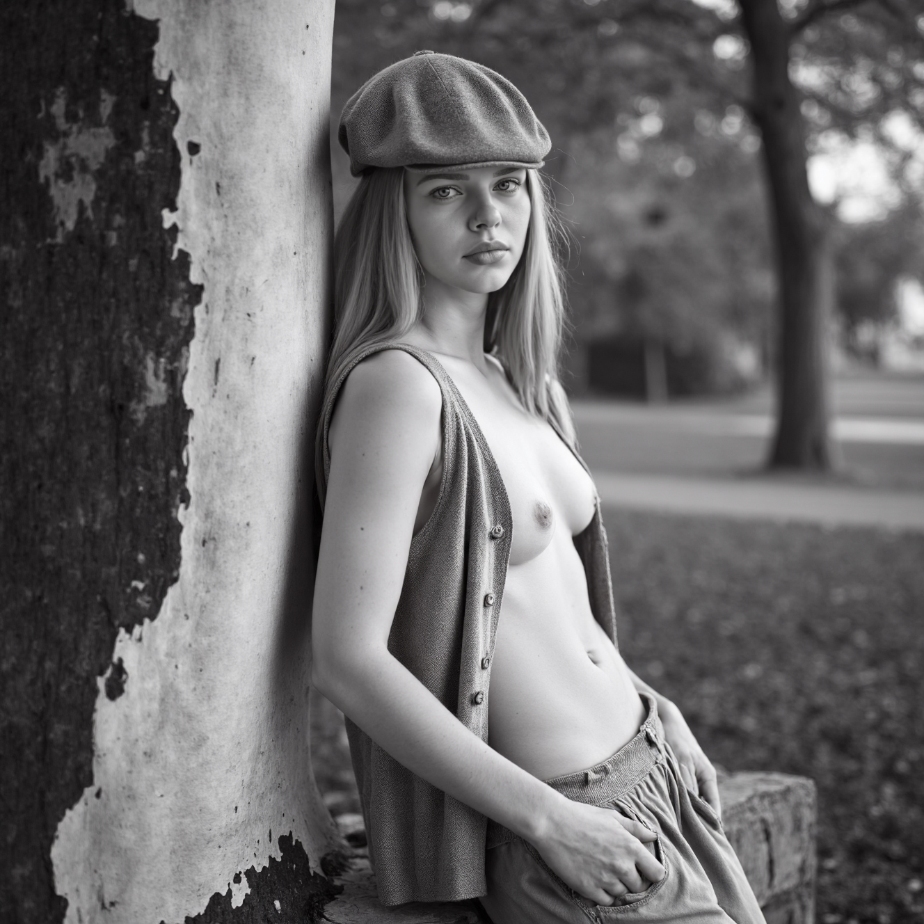3rotic4. The image is a black-and-white photograph featuring a young woman leaning against a tree with a peeling bark surface. She is standing outdoors in what appears to be a park or wooded area, with blurred, lush foliage in the background. The woman, likely in her early twenties, has long, straight, light-colored hair cascading over her shoulders. She has a fair complexion and a petite, slender physique with small, perky breasts. She is topless, wearing a sleeveless, button-up vest with a checkered pattern, which is unbuttoned to reveal her chest. Her lower body is clad in loose, high-waisted trousers, likely made of a lightweight fabric, such as cotton or linen. She sports a flat cap on her head, adding a vintage, somewhat rebellious flair to her look. Her expression is neutral, with a slightly pensive gaze directed towards the camera. The texture of the tree bark and the smooth stone base she's leaning on contrast sharply with her soft, delicate features. The background trees are out of focus, creating a soft, dreamy ambiance. The overall mood of the photograph is intimate and contemplative, capturing a moment of quiet reflection.<segment:yolo-face_yolov8m.pt//cid=1> <segment:yolo-Eyeful_v2-Individual.pt//cid=2><segment:hair//cid=3> 