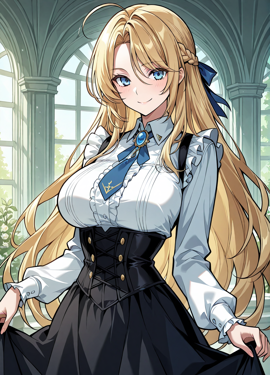 <lora:Kiri_Frodmain Illustrious:1>
1 girl, solo, blue eyes, blonde hair, long hair, loose hair, french braid, bangs, large breasts
black skirt, white shirt, ahoge, blue ribbon, long sleeves, hair ribbon, brooch, jewelry, corset, high-waist skirt, blue necktie, collared shirt, frills
Masterpiece,(perfect female body:1.2), small waist, (incredibly detailed:1.4), slim, beautiful fingers, beautiful skin, looking at viewer, breasts, skirt hold, large breasts, long sleeves, smile, garden backgroun