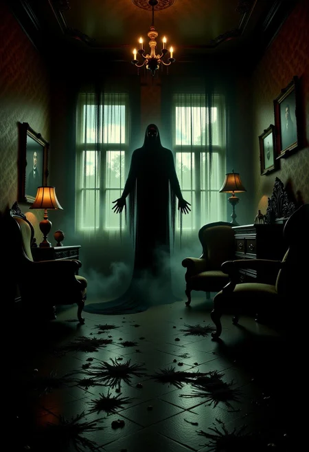 Art Deco Hotel room visited by a ghost, creepy, haunted.
Dark,mysterious,haunting,dramatic,ornate,detailed