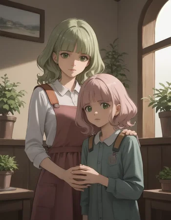 (score_9_up, score_9, score_8_up, score_7_up), ((masterpiece)), ((best quality)), 2girls, child offering flowers to mother, child handing mom a bunch of wildflowers, gentle expression, loving gaze, heartwarming connection, front porch with potted plants, bright soft light with faded edges, light watercolor illustration, Midori, Long, dark green hair, Wavy hair, Green eyes, Fair skin, Casual clothing, Relaxed style, No visible accessories, Slender build, midori, lips,