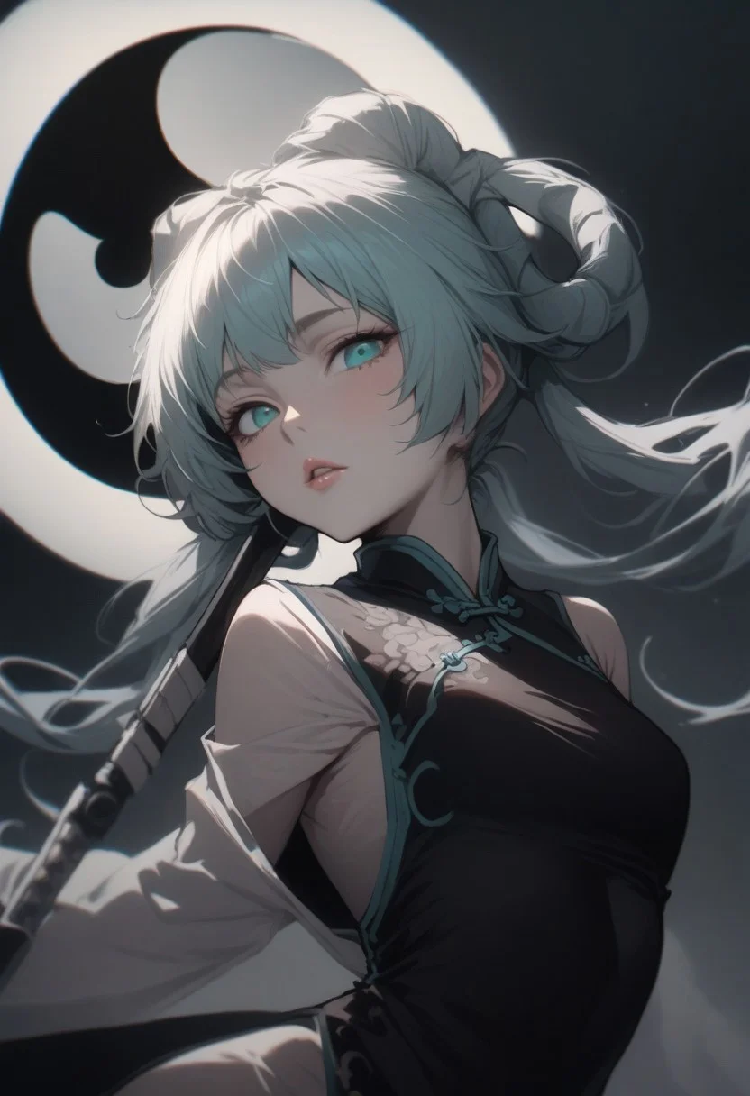 YohkoMano,1girl,solo, hair rings,long twin tails, aqua eyes, yin yang,chinese clothes,weapon,china dress, lips, thin lips, parted lips, solo, looking at viewer, camisole, masterpiece, best quality, very aesthetic